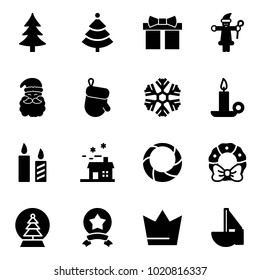 Solid vector icon set - christmas tree vector, gift, santa claus, glove, snowflake, candle, house, wreath, snowball, star medal, crown, sailboat toy