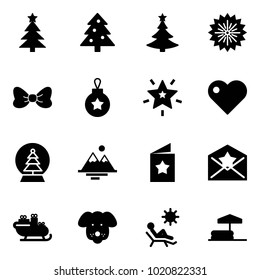 Solid vector icon set - christmas tree vector, firework, bow, ball, star, heart, snowball, mountains, postcard, letter, santa sleigh, dog, beach, inflatable pool