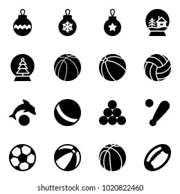 Solid vector icon set - christmas ball vector, snowball house, tree, basketball, volleyball, dolphin, billiards balls, baseball bat, soccer, beach, football