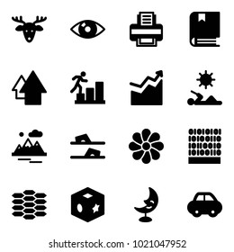 Solid Vector Icon Set - Christmas Deer Vector, Eye, Printer, Book, Arrow Up, Career, Growth, Reading, Mountains, Flip Flops, Flower, Binary Code, Carbon, Cube Toy, Moon Lamp, Car