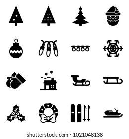Solid vector icon set - christmas tree vector, santa claus, ball, garland, snowflake, gloves, house, sleigh, holly, wreath, ski, snowmobile