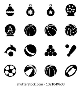 Solid vector icon set - christmas ball vector, snowball, tree, basketball, volleyball, dolphin, billiards balls, baseball bat, soccer, beach, football