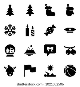 Solid vector icon set - christmas tree vector, sock, glove, snowflake, candle, candy, snowball house, mountains, bow message, rowanberry, deer hat, flag, reading, ball