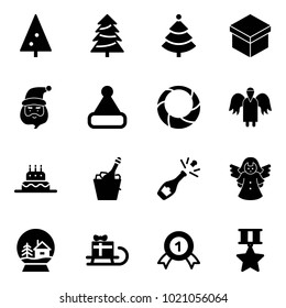 Solid vector icon set - christmas tree vector, gift, santa claus, hat, wreath, angel, cake, champagne, snowball house, sleigh, gold medal, star