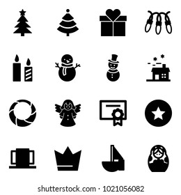 Solid vector icon set - christmas tree vector, gift, garland, candle, snowman, house, wreath, angel, certificate, star medal, doors, crown, sailboat toy, russian doll