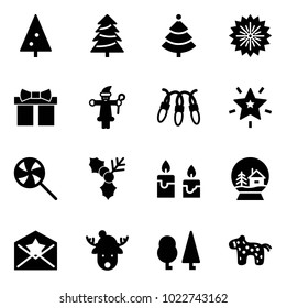 Solid vector icon set - christmas tree vector, firework, gift, santa claus, garland, star, lollipop, holly, candle, snowball house, letter, deer hat, forest, toy horse