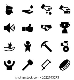 Solid vector icon set - christmas glove vector, drop hand, investment, card pay, volume max, like, agreement, cup, sproute, success, rock axe, rich, rubber hammer, metal hacksaw, tambourine