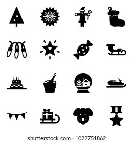 Solid vector icon set - christmas tree vector, firework, santa claus, sock, garland, star, candy, sleigh, cake, champagne, snowball house, snowmobile, flag, gift, dog, medal