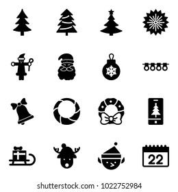 Solid vector icon set - christmas tree vector, firework, santa claus, ball, garland, bell, wreath, mobile, sleigh gift, deer hat, elf, calendar