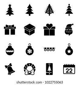 Solid vector icon set - christmas tree vector, gift, santa claus, ball, garland, bell, wreath, mobile, calendar