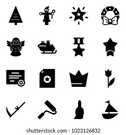 Solid vector icon set - christmas tree vector, santa claus, star, wreath, angel, sleigh, medal, certificate, crown, tulip, scythe, paint roller, brush, sailboat toy