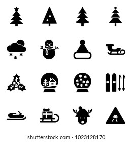 Solid vector icon set - christmas tree vector, snowfall, snowman, hat, sleigh, holly, snowball house, ski, snowmobile, gift, deer, slippery road sign