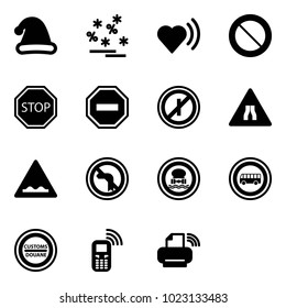 Solid vector icon set - christmas hat vector, sale, heart beat, prohibition road sign, stop, no way, parkin odd, narrows, rough, left turn, dangerous cargo, bus, customs, mobile phone