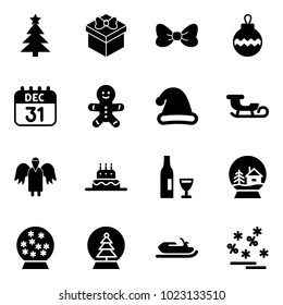 Solid vector icon set - christmas tree vector, gift, bow, ball, 31 dec calendar, cake man, hat, sleigh, angel, wine, snowball house, snowmobile, sale