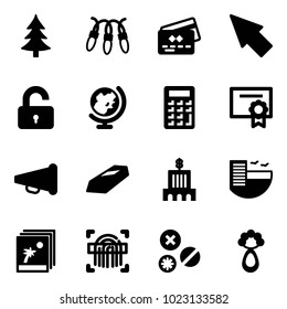 Solid vector icon set - christmas tree vector, garland, credit card, cursor, unlocked, globe, calculator, certificate, speaker horn, gold, bank building, hotel, photo, fingerprint scanner, rivet