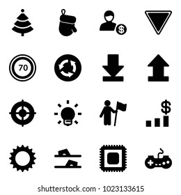 Solid vector icon set - christmas tree vector, glove, account, giving way road sign, speed limit 70, circle, download, uplooad, target, bulb, win, dollar chart, sun, flip flops, cpu, gamepad