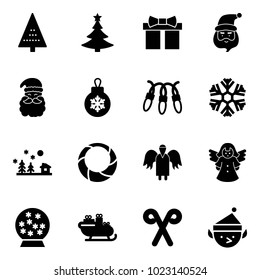 Solid vector icon set - christmas tree vector, gift, santa claus, ball, garland, snowflake, landscape, wreath, angel, snowball, sleigh, stick, elf