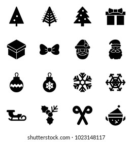 Solid vector icon set - christmas tree vector, gift, bow, santa claus, ball, snowflake, sleigh, holly, stick, elf