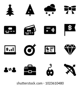 Solid vector icon set - christmas tree vector, snowfall, bow, credit card, tap pay, dollar flag, account statistics, target, monitor, diamond, information exchange, case, yoyo