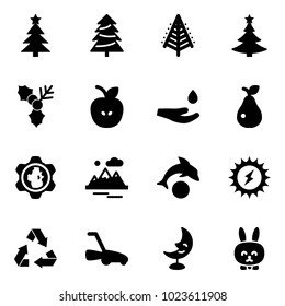 Solid vector icon set - christmas tree vector, holly, apple, drop hand, pear, gear globe, mountains, dolphin, sun power, recycling, lawn mower, moon lamp, toy rabbit