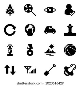 Solid vector icon set - christmas tree vector, lollipop, eye, user check, reload, man globe, car, winner, award, star medal, pyramid, ball, up down arrows, fine signal, shovel, soother