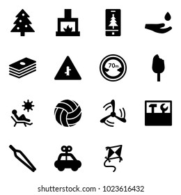 Solid vector icon set - christmas tree vector, fireplace, mobile, drop hand, dollar, intersection road sign, limited distance, ice cream, beach, volleyball, wind mill, tool box, forceps, car toy