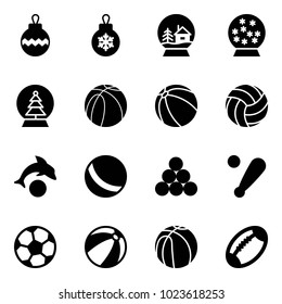 Solid vector icon set - christmas ball vector, snowball house, tree, basketball, volleyball, dolphin, billiards balls, baseball bat, soccer, beach, football
