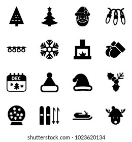 Solid vector icon set - christmas tree vector, santa claus, garland, snowflake, fireplace, gloves, calendar, hat, holly, snowball, ski, snowmobile, deer