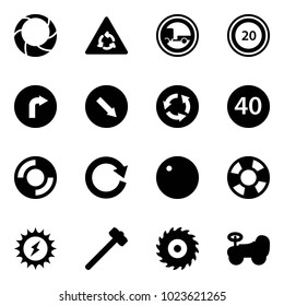 Solid vector icon set - christmas wreath vector, round motion road sign, no trailer, speed limit 20, only right, detour, circle, minimal, lifebuoy, reload, record, sun power, sledgehammer, saw disk