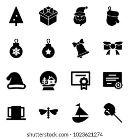 Solid vector icon set - christmas tree vector, gift, santa claus, glove, ball, bell, bow, hat, snowball house, certificate, doors, dragonfly, sailboat toy, horse stick