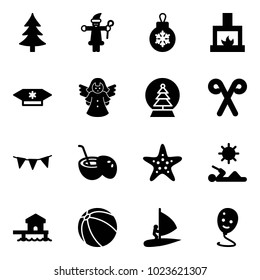 Solid vector icon set - christmas tree vector, santa claus, ball, fireplace, candy, angel, snowball, stick, flag garland, coconut cocktail, starfish, reading, bungalow, windsurfing, balloon smile