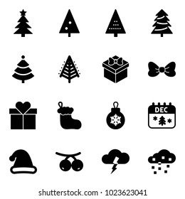 Solid vector icon set - christmas tree vector, gift, bow, sock, ball, calendar, hat, rowanberry, storm, snow