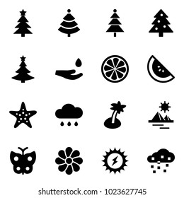 Solid vector icon set - christmas tree vector, drop hand, lemon slice, watermelone, starfish, rain cloud, palm, pyramid, butterfly, flower, sun power, snow