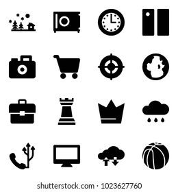 Solid vector icon set - christmas landscape vector, safe, time, pause, camera, cart, target, globe, portfolio, chess tower, crown, rain cloud, phone, monitor, exchange data, basketball