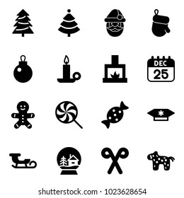Solid vector icon set - christmas tree vector, santa claus, glove, candle, fireplace, 25 dec calendar, cake man, lollipop, candy, sleigh, snowball house, stick, toy horse