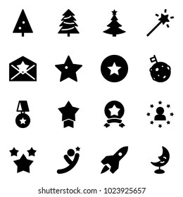 Solid vector icon set - christmas tree vector, Magic wand, star letter, medal, moon flag, man, stars, flying, rocket, lamp