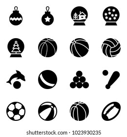 Solid vector icon set - christmas ball vector, snowball house, tree, basketball, volleyball, dolphin, billiards balls, baseball bat, soccer, beach, football