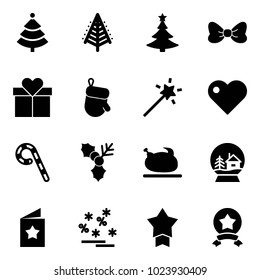 Solid vector icon set - christmas tree vector, bow, gift, glove, Magic wand, heart, lollipop, holly, turkey, snowball house, star postcard, sale, medal
