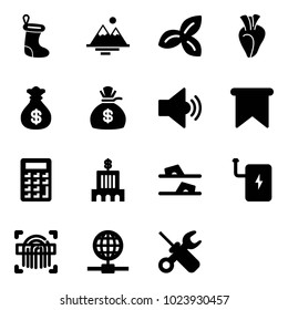 Solid vector icon set - christmas sock vector, mountains, three leafs, heart, money bag, volume medium, flag, calculator, bank building, flip flops, power, fingerprint scanner, globe