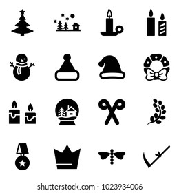 Solid vector icon set - christmas tree vector, landscape, candle, snowman, hat, wreath, snowball house, santa stick, golden branch, star medal, crown, dragonfly, scythe