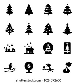 Solid vector icon set - christmas tree vector, landscape, house, snowball, mobile, hand sproute, money, palm