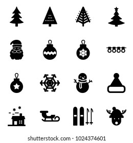 Solid vector icon set - christmas tree vector, santa claus, ball, garland, snowflake, snowman, hat, house, sleigh, ski, deer