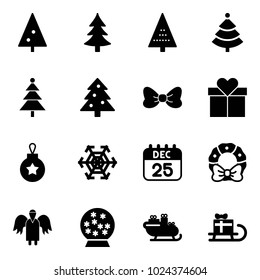 Solid vector icon set - christmas tree vector, bow, gift, ball, snowflake, 25 dec calendar, wreath, angel, snowball, santa sleigh