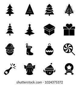 Solid vector icon set - christmas tree vector, gift, santa claus, sock, ball, lollipop, champagne, angel, elf, star medal