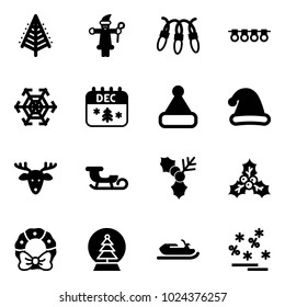 Solid vector icon set - christmas tree vector, santa claus, garland, snowflake, calendar, hat, deer, sleigh, holly, wreath, snowball, snowmobile, sale