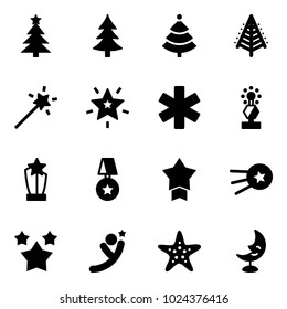 Solid vector icon set - christmas tree vector, Magic wand, star, ambulance, award, medal, first satellite, stars, flying man, starfish, moon lamp