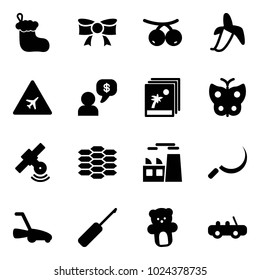 Solid vector icon set - christmas sock vector, bow, rowanberry, banana, airport road sign, money dialog, photo, butterfly, satellite, carbon, plant, sickle, lawn mower, awl, bear toy, car