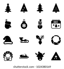 Solid vector icon set - christmas tree vector, glove, ball, snowman, calendar, hat, sleigh, holly, wreath, snowmobile, deer, slippery road sign