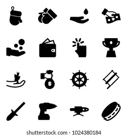 Solid vector icon set - christmas glove vector, gloves, drop hand, cash pay, wallet, touch, cup, sproute, rich, wheel, bucksaw, clinch, drill, pipe welding, tambourine