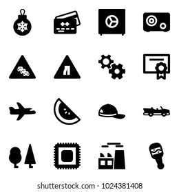 Solid vector icon set - christmas ball vector, credit card, safe, multi lane traffic road sign, narrows, gear, certificate, plane, watermelone, cap, cabrio, forest, cpu, plant, beanbag